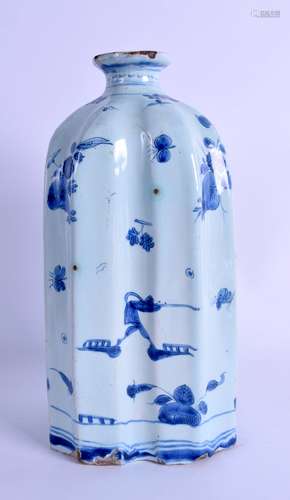 AN EARLY CONTINENTAL TIN GLAZED CONTINENTAL POTTERY FLASK painted with hunting figures and floral