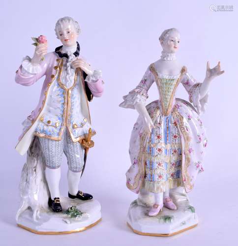 A PAIR OF 19TH CENTURY GERMAN MEISSEN PORCELAIN FIGURES depicting a male and female upon