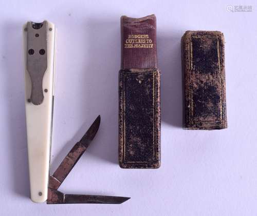 A RARE VICTORIAN RODGERS AND CUTLERS CASED QUILL CUTTER with ivory handle. 9.25 cm long.