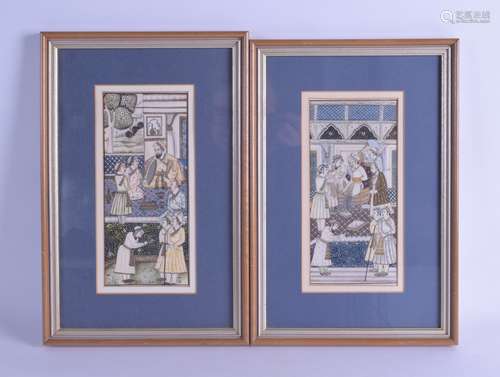 A FINE PAIR OF 19TH CENTURY INDIAN PAINTED IVORY PANELS depicting figures within interiors. Ivory