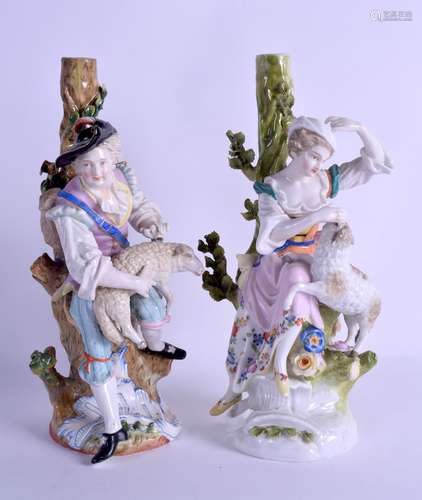 A PAIR OF 19TH CENTURY GERMAN SITZENDORF PORCELAIN FIGURES probably formerly candelabra, modelled