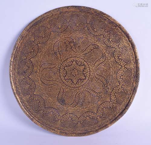 A FINE 18TH CENTURY TURKISH OTTOMAN GOLD INLAID IRON DISH of circular form, decorated with extensive