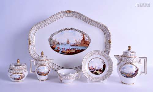 A 19TH CENTURY MEISSEN PORCELAIN TETE A TETE CABARET PORCELAIN TEASET comprising of tray, teapot,