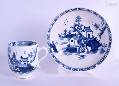 18th c. Lowestoft coffee cup and saucer painted with two huts on an island.