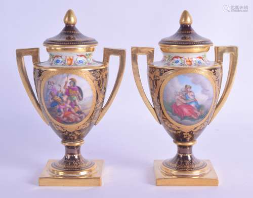 A SMALL PAIR OF LATE 19TH CENTURY VIENNA PORCELAIN VASES painted with classical scenes upon a