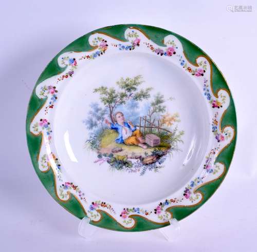 Sevres style plate painted with a boy beneath a tree under a green border, crossed Ls enclosing date