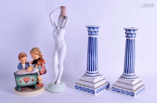 A GOEBEL HUMMEL FIGURE OF TWO CHILDREN together with an unusual pair of Copenhagen candlesticks &