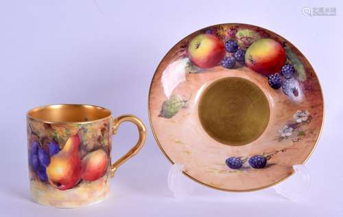 Royal Worcester fruit painted coffee can and saucer, the can painted by W. Bee, signed, the saucer