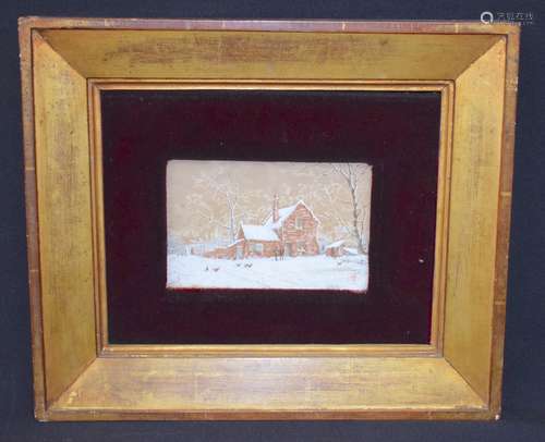 A FRAMED PICTURE OF A COTTAGE IN A WINTER LANDSCAPE. 10 cm x 15 cm.