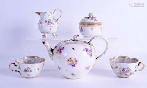 A 19TH CENTURY MEISSEN PORCELAIN TEA FOR TWO TEASET comprising of teapot, cream jug, two cups & a