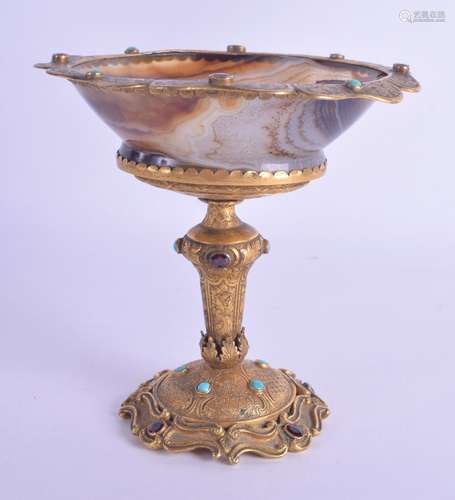 A FINE 19TH CENTURY AUSTRIAN VIENNA BRONZE AND AGATE TAZZA jewelled in ruby and turquoise,