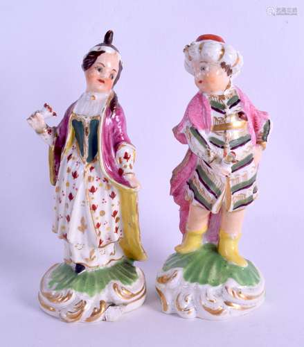 18th c. Derby pair of Turk and companion small figures each holding a flower, incised No 63 and 3. 9