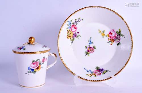 Sevres tapering cup with entwined handle and cover painted with flowers date code for 1780, painters