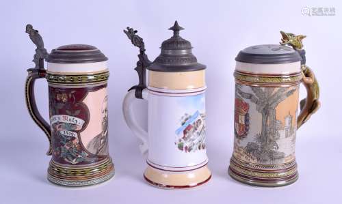 A GOOD STYLISH PAIR OF MATTLACH STONEWARE STEINS together with another painted porcelain stein.