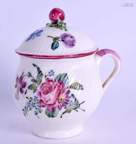 18th c. Mennecy custard cup and cover with fine spiral moulding painted with roses and other