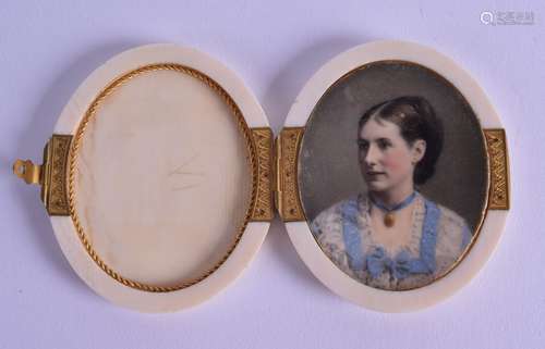 A MID 19TH CENTURY EUROPEAN CARVED IVORY MINIATURE CASE inset with one ivory portrait of a female