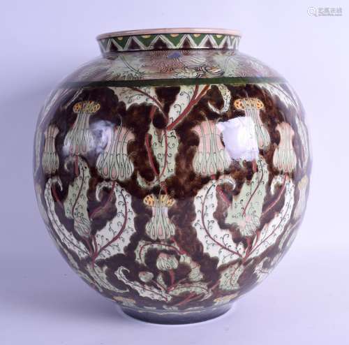 A LARGE ART NOUVEAU ROYAL BONN 'OLD DUTCH' BULBOUS VASE painted with stylised flowers and vines.