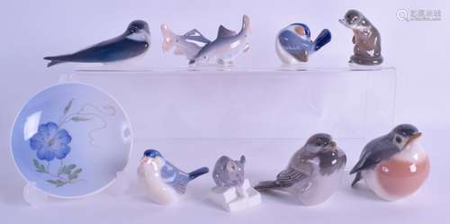 A GROUP OF EIGHT ROYAL COPENHAGEN ANIMALS together with a similar flower dish. (9)