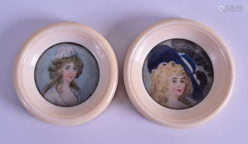 A PAIR OF EARLY 19TH CENTURY EUROPEAN CARVED IVORY MINIATURES depicting female portraits.