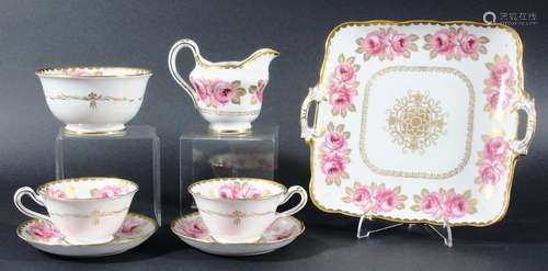 GROSVENOR PORCELAIN TEA SET, printed with pink roses and gilt foliage, comprising twelve cups,