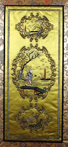 CHINESE SILK PANEL, the central image of a man on a bridge between two smaller scenes, each with