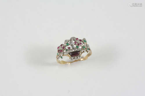 A VICTORIAN DIAMOND AND GEM SET GIARDINETTO RING set with ciruclar-cut rubies and emeralds and