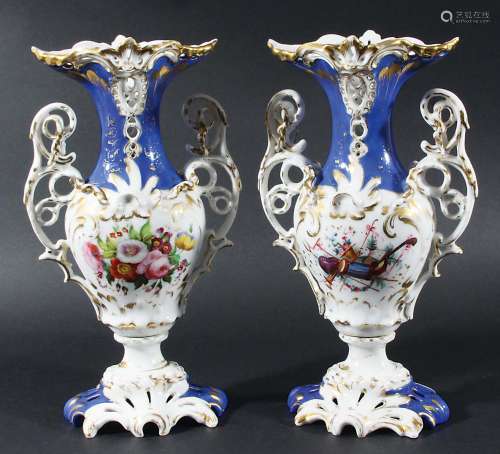PAIR OF JACOB PETIT STYLE VASES, mid 19th century, of flattened baluster form, painted with