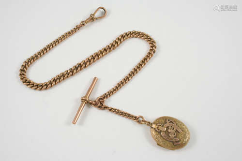 A 9CT. GOLD WATCH CHAIN suspending a 9ct. gold 't' bar and a 9ct. gold oval-shaped locket, 30cm.