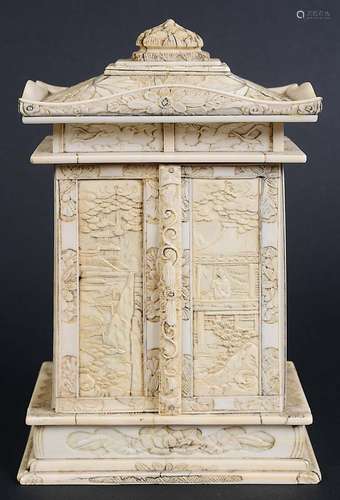 JAPANESE IVORY ALTER CABINET, 19th century, with Chinese style decoration, of pagoda form with a