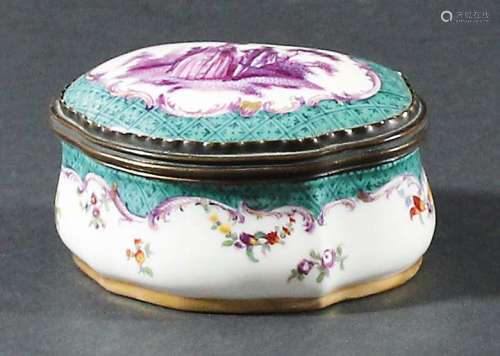 BERLIN PORCELAIN SNUFF BOX, 19th century, of bombe form, the cover with a puce painted romantic