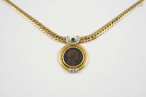 A GOLD AND GEM SET NECKLACE the gold circular pendant is mounted with a Roman coin, possibly