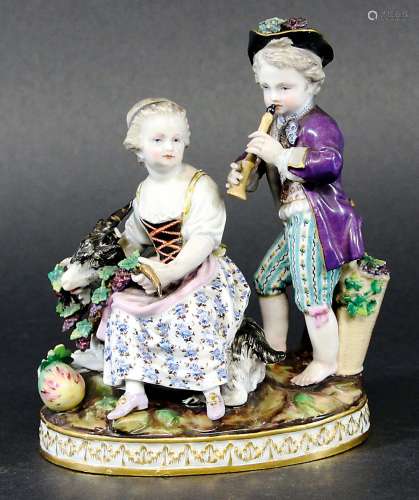 MEISSEN CHILDREN GROUP, 19th century, perhaps representing Autumn, he playing a recorder, she