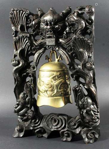 CHINESE BRASS TEMPLE BELL, cast with scrolling dragons, on a hardwood and white metal inlaid frame a