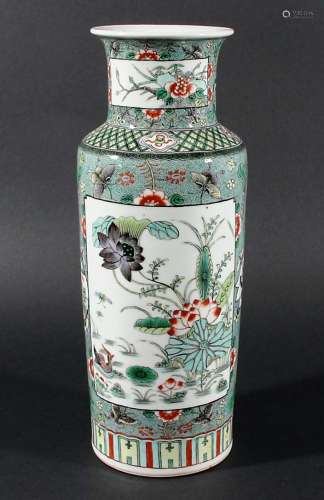 CHINESE FAMILLE VERTE ROULEAU VASE, painted with rectangular panels of foliage on a speckled