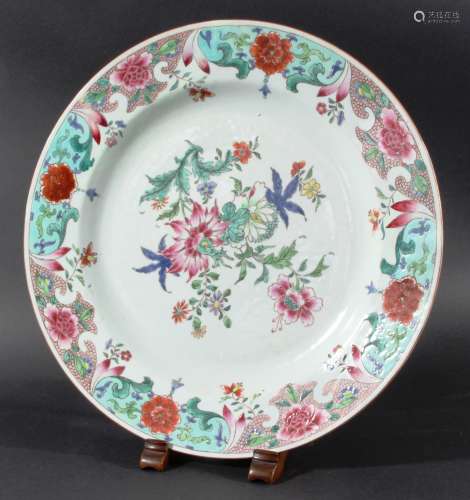 CHINESE FAMILLE ROSE CHARGER, 18th century, enamelled with peony, chrysanthemum and other flowers,