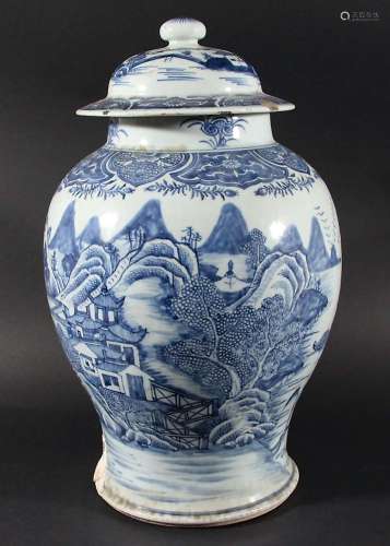 CHINESE BLUE AND WHITE BALUSTER VASE AND COVER, probably 18th century, painted with buildings and