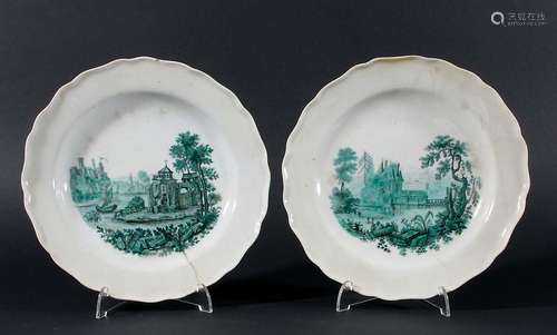 PAIR OF CHELSEA PLATES, gold anchor period, green and black painted with lake side scenes,