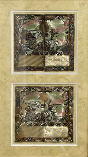 PAIR CHINESE SILK AND METAL THREAD RANK BADGES, probably 19th century, depicting a bird in