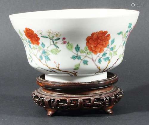 CHINESE FAMILLE ROSE BOWL, Yongzheng mark but probably later, enamelled with peonies, underglaze