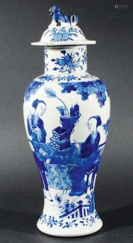 CHINESE BLUE AND WHITE BALUSTER VASE AND COVER, Kangxi style, painted with artisans at a table, blue