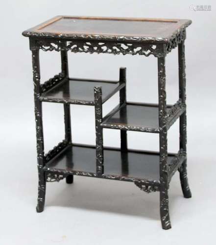 CHINESE HARDWOOD TIERED TABLE, with pierced, floral aprons and supports, height 77cm, width 59cm,