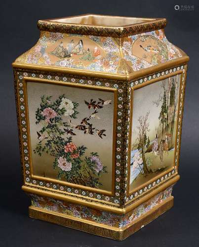 JAPANESE SATSUMA VASE, Meiji, of slightly tapering square section, painted with four panels
