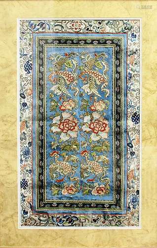 CHINESE SILK AND METAL THREAD PANEL, 19th century, a design of cockerels, peonies and phoenix with