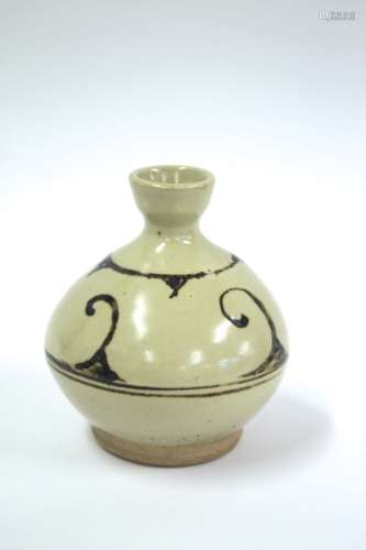 BERNARD LEACH STUDIO POTTERY VASE a small pottery vase with a celadon style glaze and black