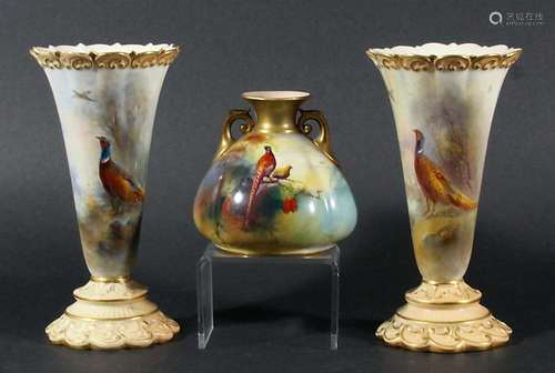 PAIR OF ROYAL WORCESTER TRUMPET VASES, signed Jas Stinton, date code for 1907 and 1908, shape