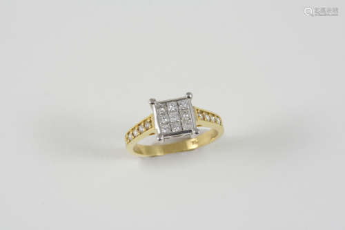 A DIAMOND PLAQUE RING set with nine square-shaped diamonds, with four circular-cut diamonds set to