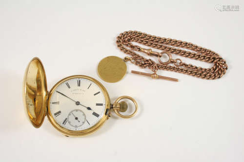 AN 18CT. GOLD FULL HUNTING CASED POCKET WATCH the white enamel dial signed S. Smith & Son, 9,