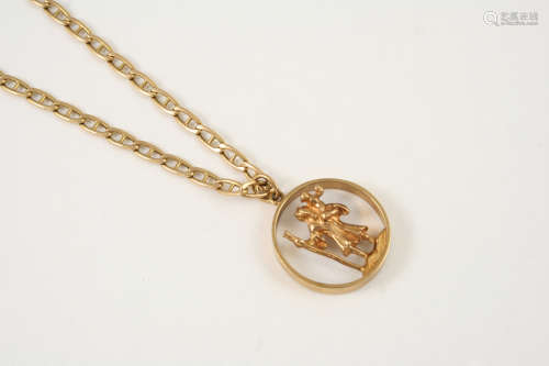A 9CT. GOLD CIRCULAR PENDANT depicting a figure with a staff carrying a child, on a 14ct. gold