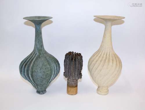 URSULA MORLEY-PRICE - STUDIO POTTERY two 'flanged' stoneware vases with slender necks and ridged