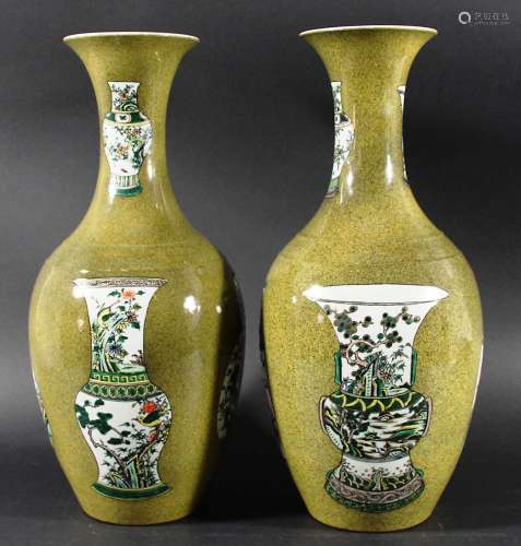 PAIR OF CHINESE TEA DUST STYLE BALUSTER VASES, Yongzheng mark but later, enamelled in the famille